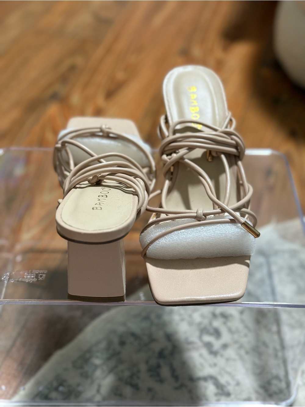 BAMBOO Beige Strappy Square-Toe Block Heel Mules
